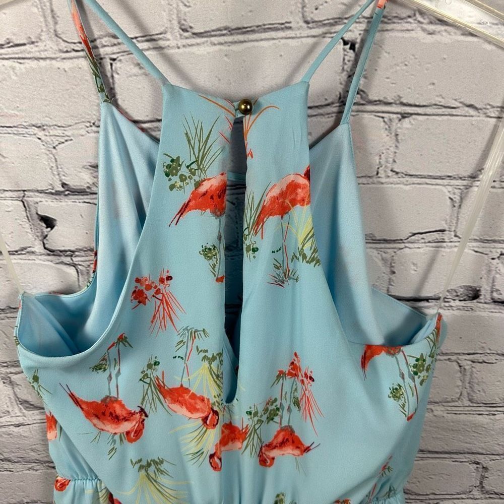 Everly Romper Blue with Flamingos Surplice Front Spaghetti Straps Summer L - Picture 7 of 8